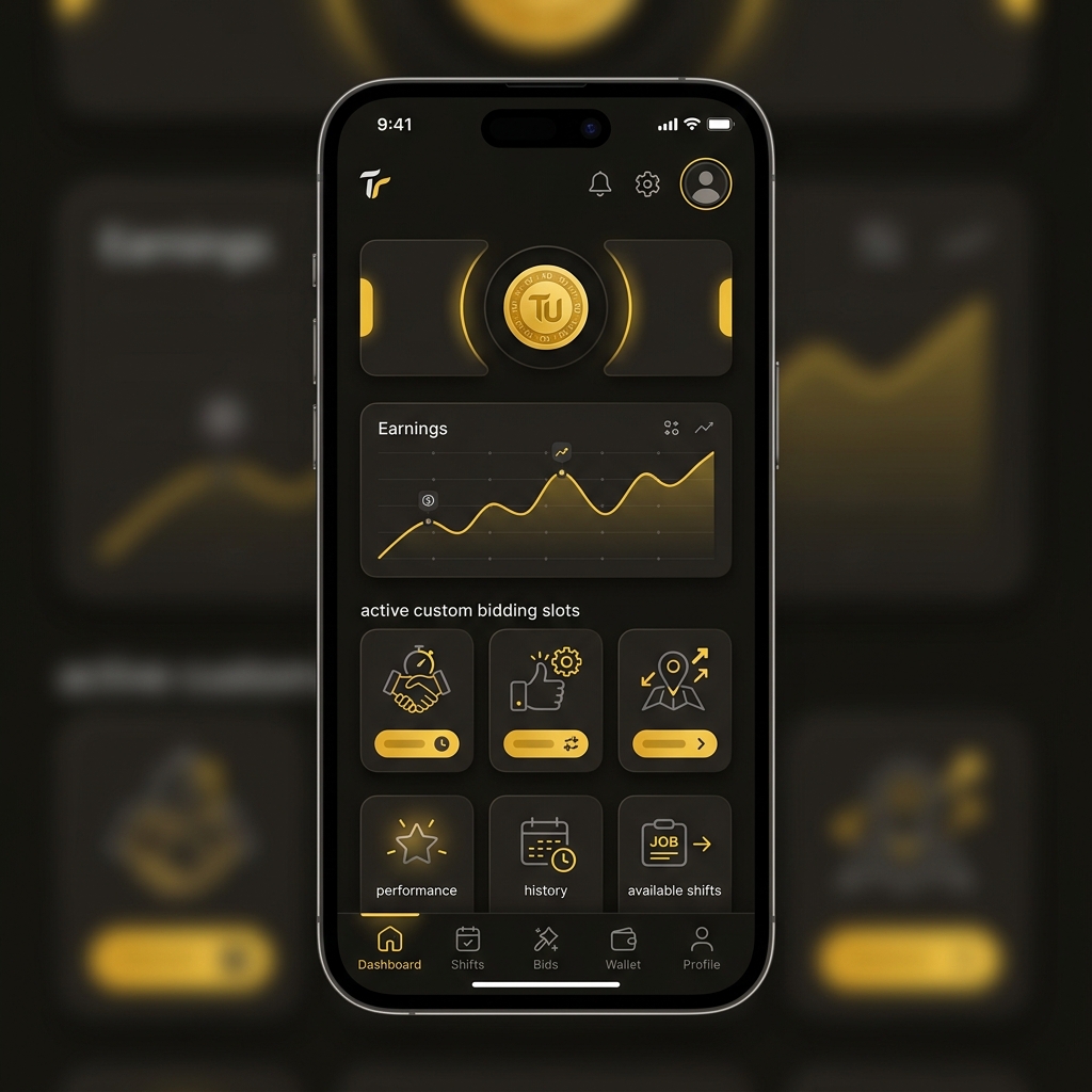 Mobile user interface mockup displaying the Crew earnings overview and active bids screen