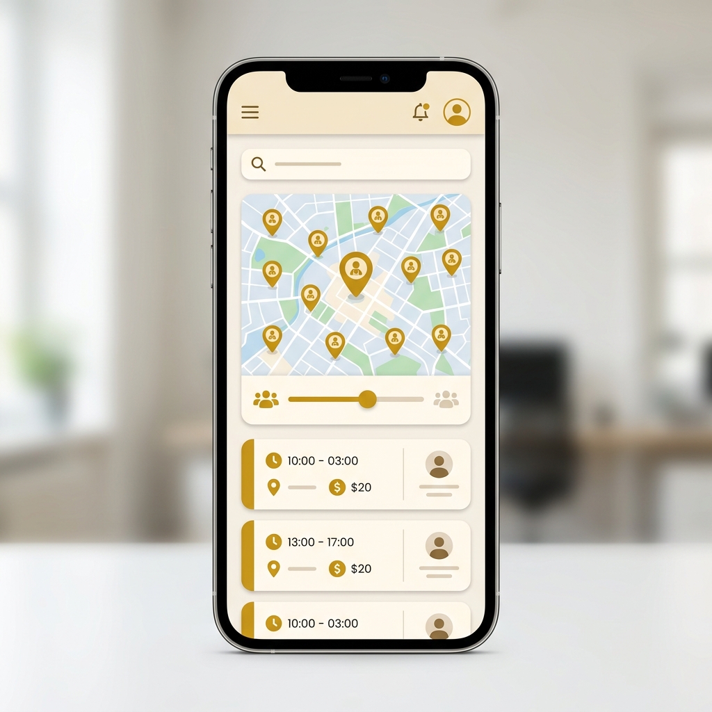 Mobile user interface mockup showing the Launcher Employer Map and Booking requests